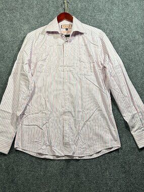 Thomas Pink Shirt Mens 15.5 Slim Fit Traveller Pink Blue Stripe Cotton Button Up
